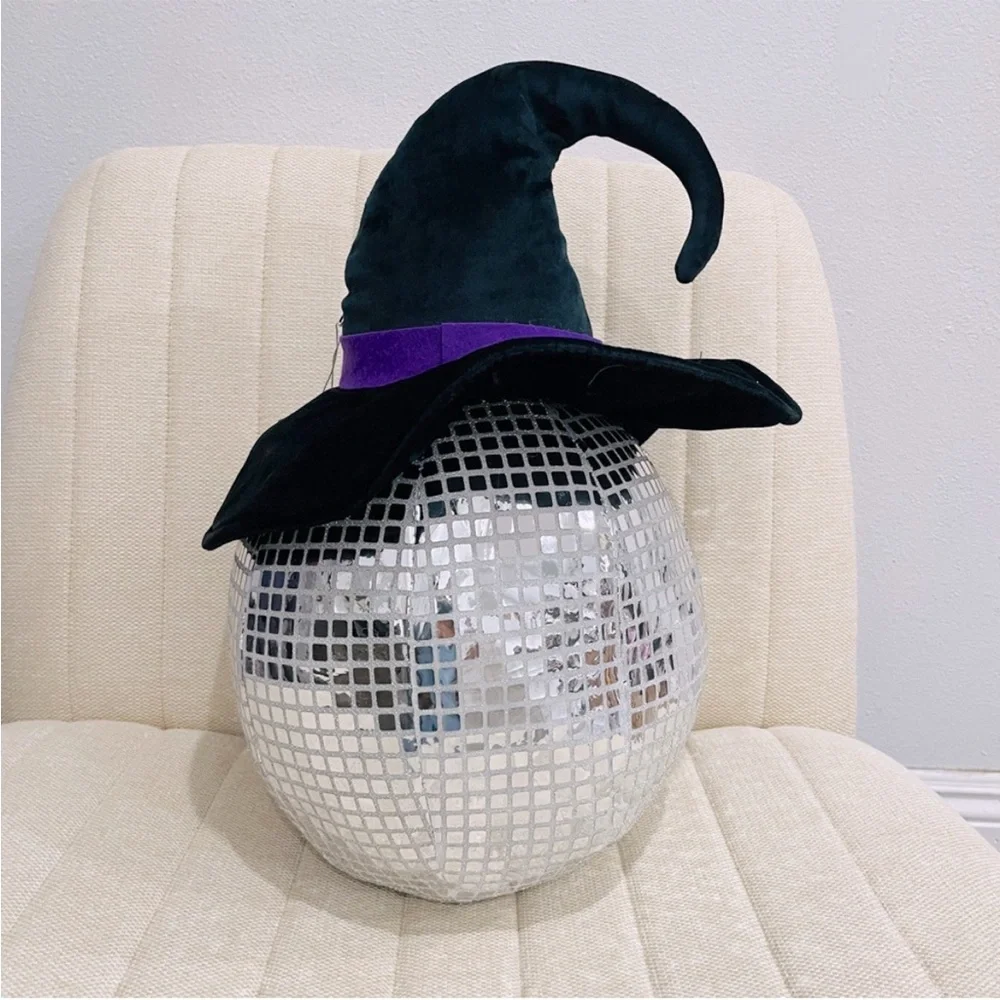 NEW Halloween‎ Smiley Face Disco Ball with Witch Hat Silver Mirrored Decor